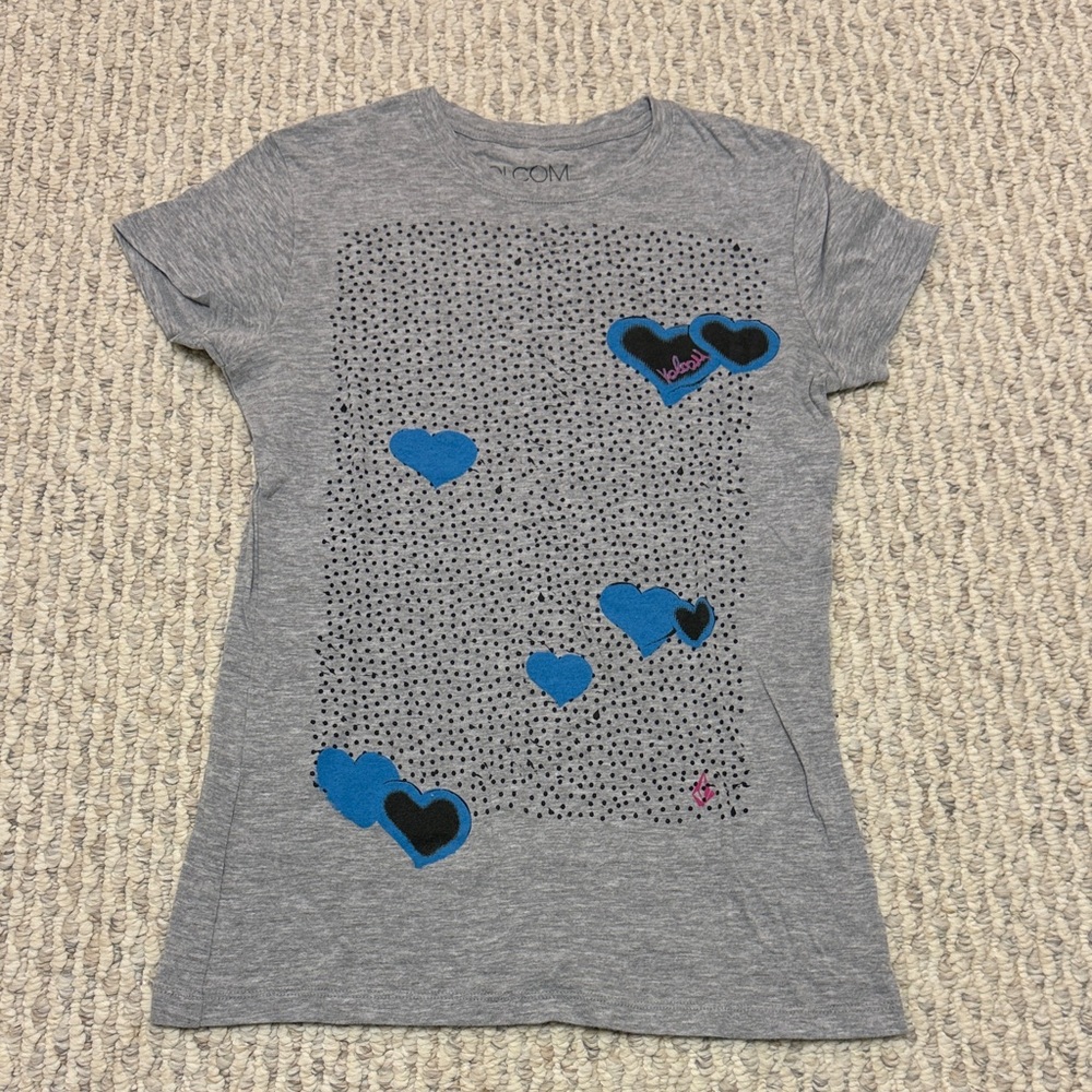 Volcom Gray Tee with Blue Heart Accents